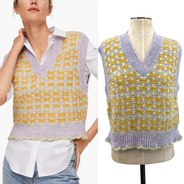 Mango Knit Sweater Vest Scallop Hem Pastel‎ Purple Yellow Size Small - Image 2