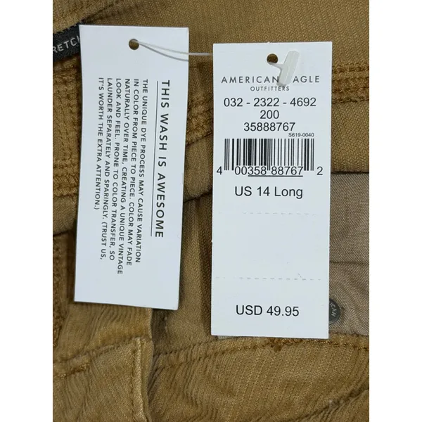American Eagle Mom Straight‎ Corduroy Pants Tan Super High Rise 14 Long NEW - Image 4