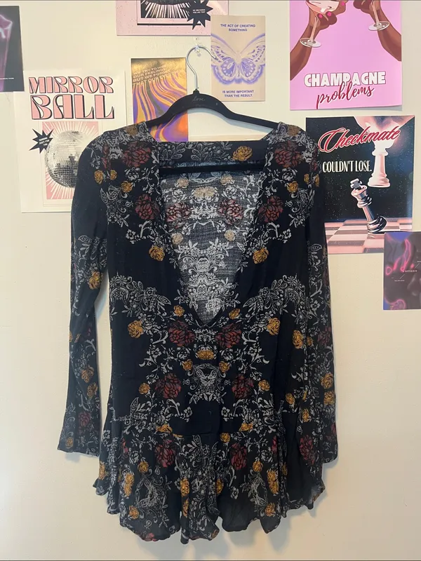 Free People Black Floral Long Sleeve Peasant Top with Rust & Mustard Accents - Image 4