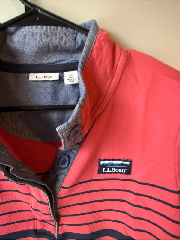 L.L.Bean Coral Pink Navy Striped Quarter Button Pullover Size Medium - Image 2