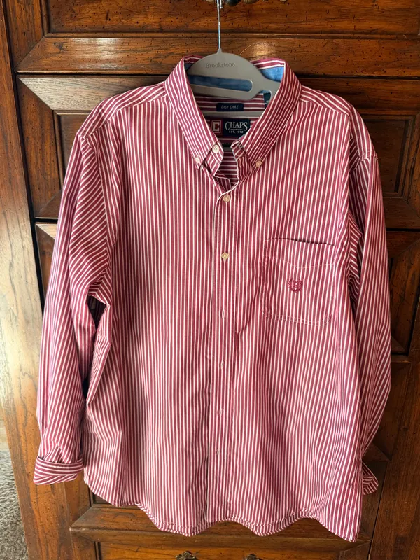 CHAPS Men’s Large Red White Stripe Button Down Shirt Oversized Preppy - Image 3