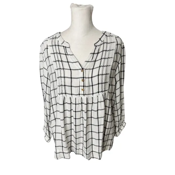 Wrangler White Black Plaid Pintuck Blouse Western Boho Size Medium - Image 2