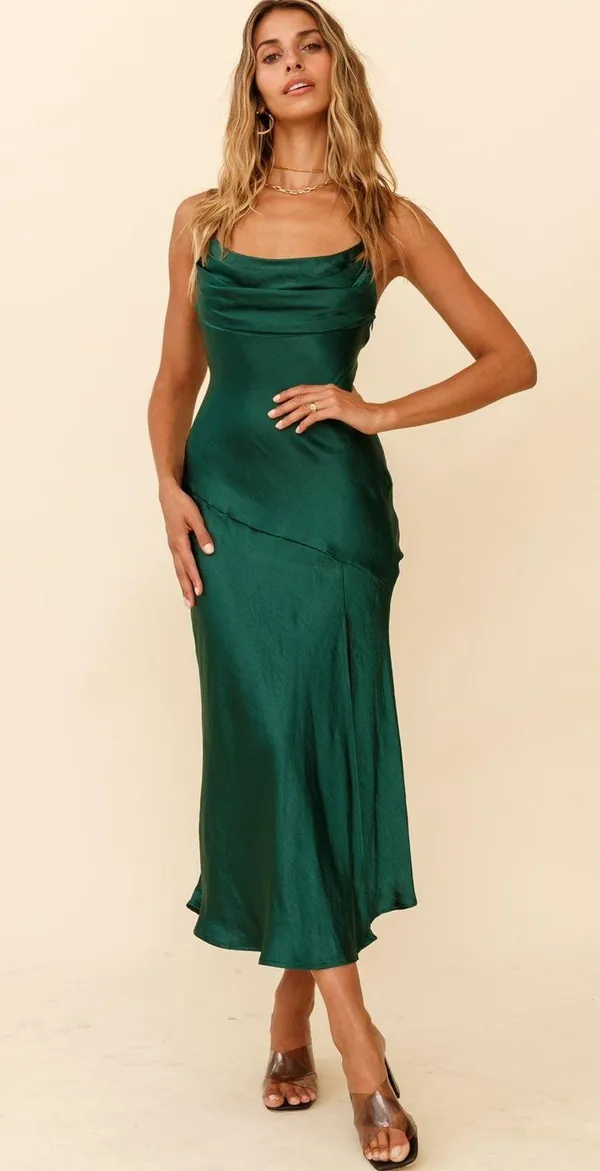 NEW! Selfie Leslie Well Versed Pleated Bust Front Split Dress Forest Green Med - Image 3
