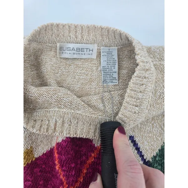 Elisabeth Sweater Womens 1 Argyle Tan Cotton Ramie Knit EUC - Image 4