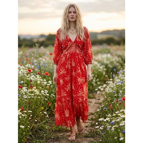 Free People Golden Hour Maxi Dress Cherry Red Small Bohemian Gypsy Floral 70s - Image 13