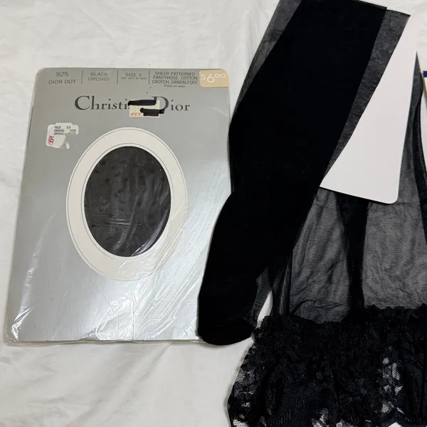 Vintage Christian Dior, Givenchy Pantyhose Lot 3 Pairs Black Dot Lace Shimmer‎ - Image 9