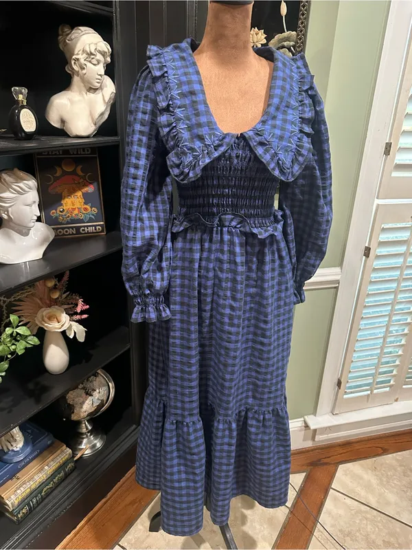 MANGO Blue & Black Gingham Smocked Babydoll Dress – Size 2 - Image 5