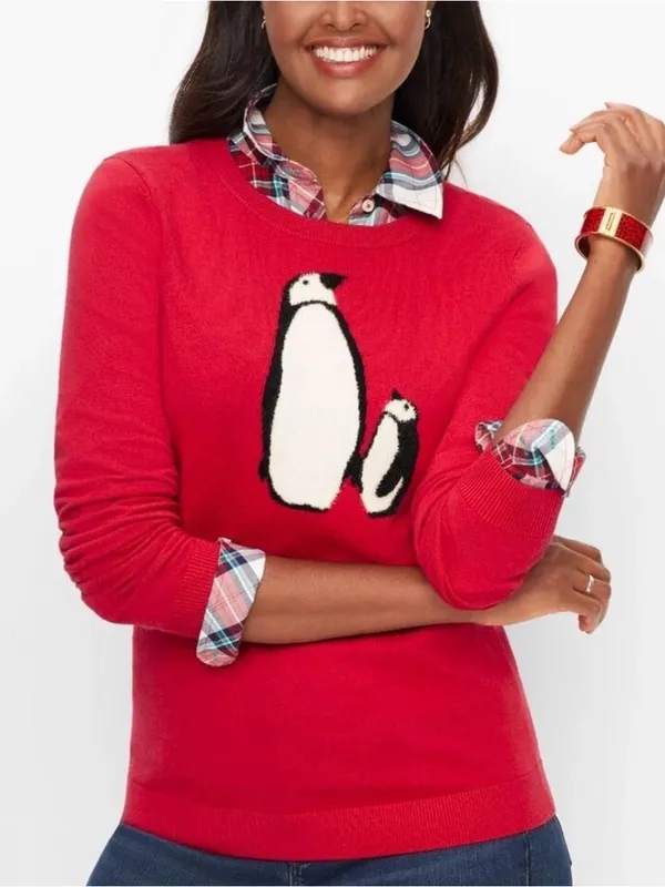 Talbots Cashmere Blend PENGUINS Knit Sweater Sz L Red CrewNeck Fuzzy Soft Lightw - Image 2