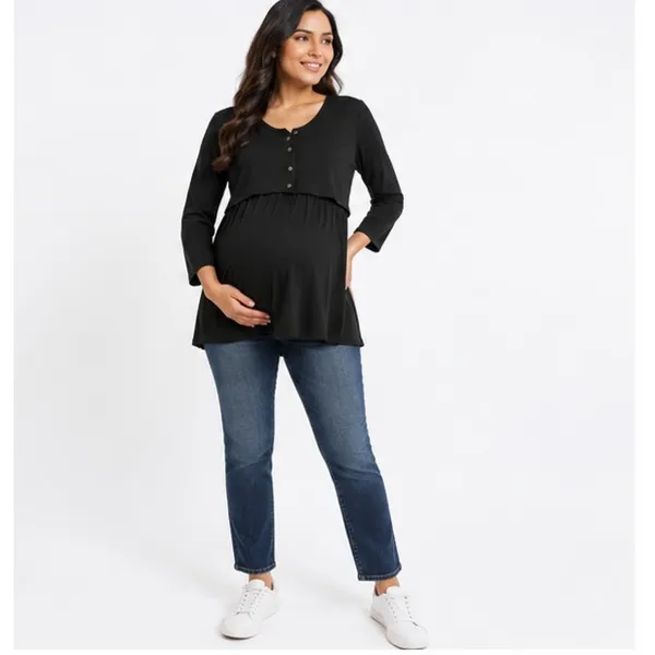 Times Two Maternity Womens Nursing Top Size L Black Double Front 3/4 Sleeve - Image 4