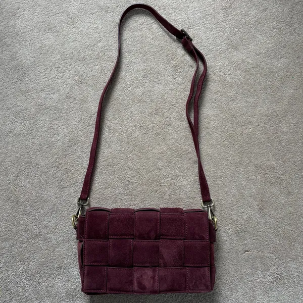 Viola Castellani Genuine Suede Woven Padded Flap Crossbody Bag Dark Purple - Image 2
