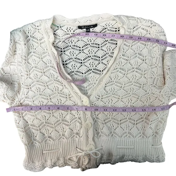 DALIA Pointelle Knit Tie Front Cotton Cardigan Sz Large Cottage Beachy Coastal - Image 13