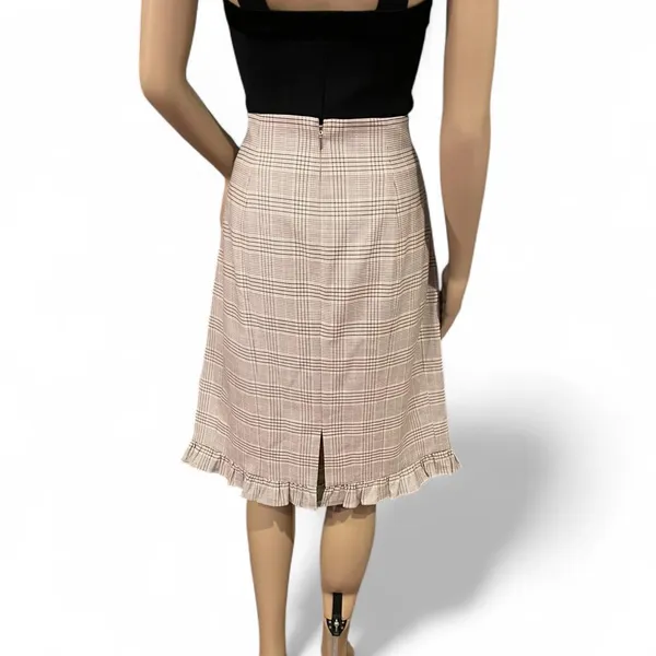 NWOT! Tailored Rebecca Taylor Tan Plaid Midi Skirt Size 12 Womens Ruffle Hem - Image 2