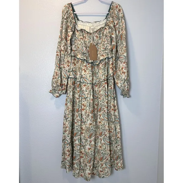 Listicle Size-M-L Maxi Dress Paisley Smocked Tiered Cream Cotton - Image 5