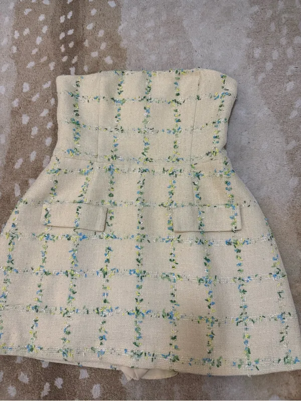 Amanda Uprichard Bethany Tweed Strapless Skort Romper Size L Cream Plaid - Image 7