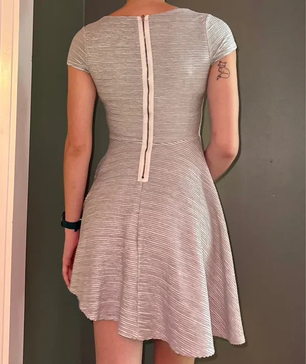 Francesca's Collections Light Gray Striped V-Neck Fit & Flare Dress - Image 3