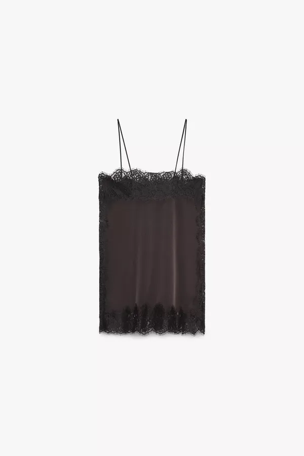 Zara satin Lace-Trim Slip Dress Top in Deep Brown - Image 7