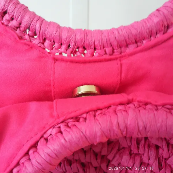 Studio Collection Straw Boho Beachy Tropical Pom Pom Round Circle Tote Bag Pink - Image 3