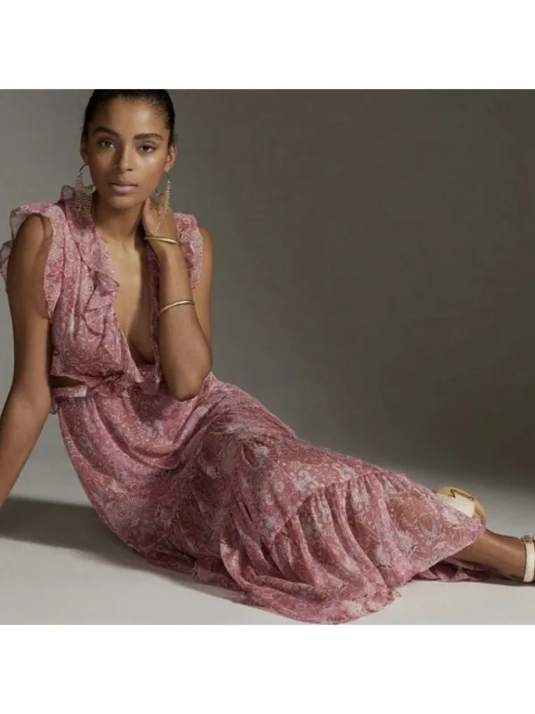 MISA Nastasha Maxi Dress L Ruffle Side Cut Out Floral Tiered Sleeveless Sheer - Image 13