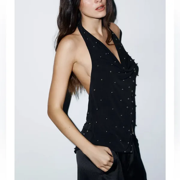 Zara NWT black cowl neck halter top with embellished dotted studs - Image 2