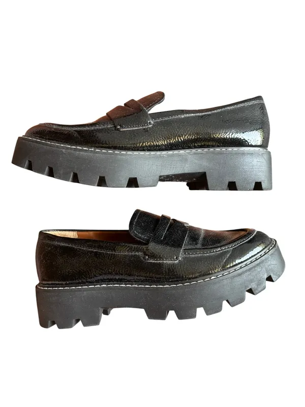 Franco Sarto Black Patent Leather Lug Sole Penny Loafers Size 6 Preppy Chic - Image 3