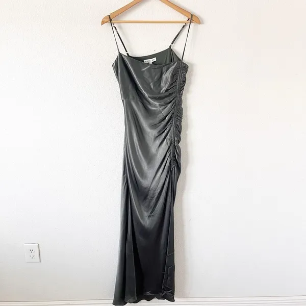 Shona Joy La Lune Olive Satin Ruched High Slit Formal Maxi Dress Gown - Image 3