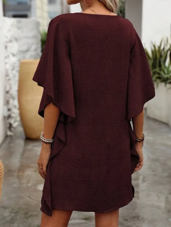 Burgundy Batwing Sleeve V-Neck Short Knit Dress - Image 2