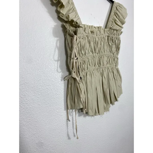 Free People Beige Ruffle Sleeve Drawstring Cropped Blouse Cotton Size S - Image 13