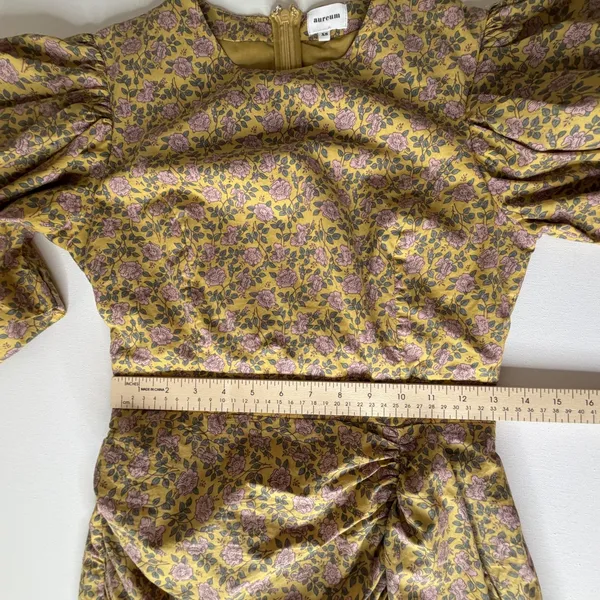 Aureum Ruched Sash Mini Dress Size XS Yellow Floral Cottage Feminine Prairie‎ - Image 13