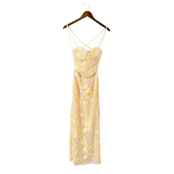 Lulus Nantessa Light Yellow Floral Applique Lace-Up Maxi Dress size XS NWT - Image 4