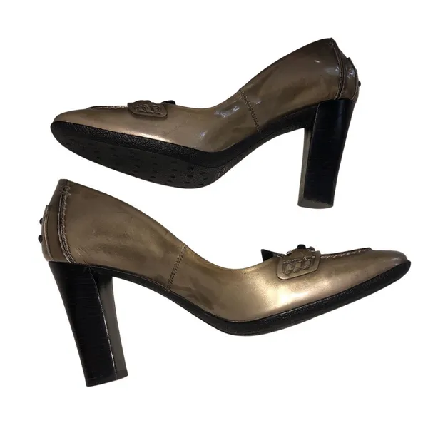 Vintage Tods Bronze Green Metallic Leather Block Heel Loafers 37.5 Y2K 90s - Image 2