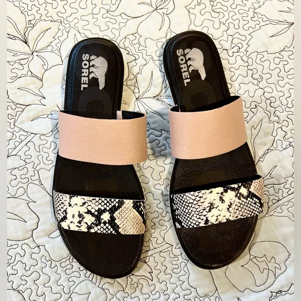 SOREL Ella II Slide Sandals Mauve Vapor Snake Print Leather Dual Strap Sz 11💛 - Image 12