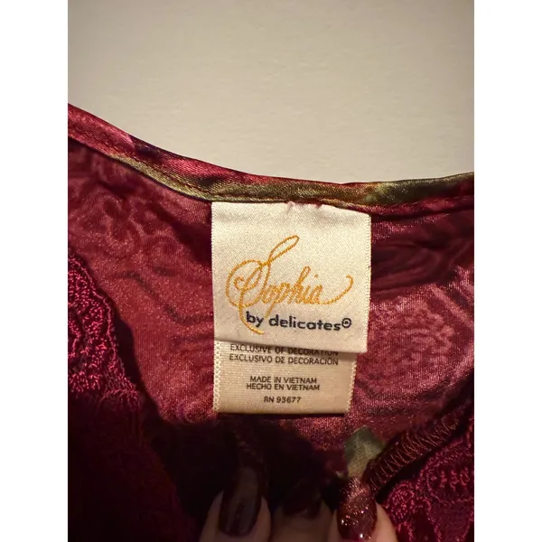Sophia by Delicates Burgundy Floral Satin Lace Trim Nightgown Slip Dress Medium - Image 2