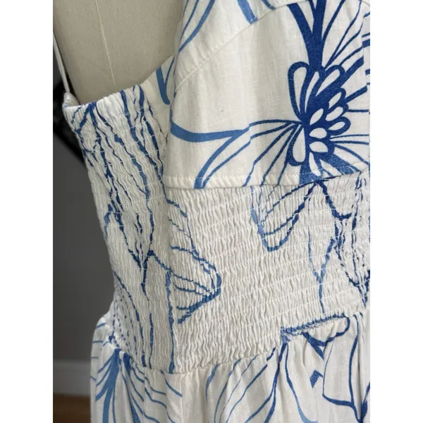 Gap Linen-Blend Smocked Corset Midi Dress Blue & White Floral Size Medium - Image 10