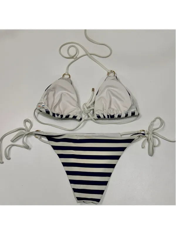 Relleciga Navy White Striped Triangle Bikini Set Size L Gold Hardware b13 - Image 2