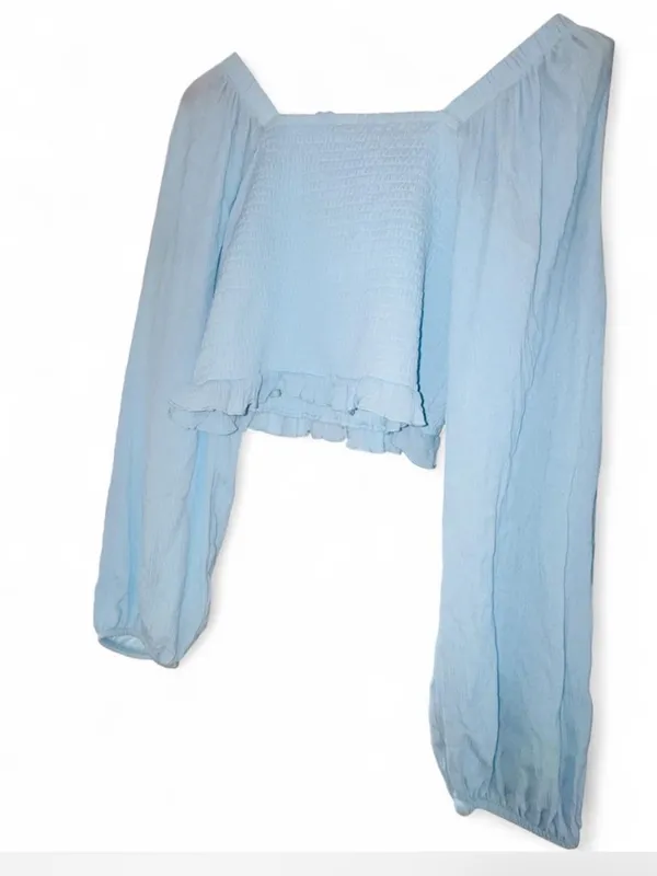 Celebrity Pink Blue Smocked Crop Top Large Cottagecore Balloon Sleeve Peasant - Image 6