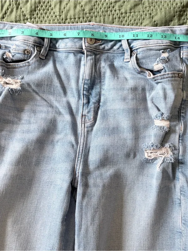 American Eagle Super Hi-Rise Flare Jeans Distressed Patchwork Size 10 Regular - Image 9
