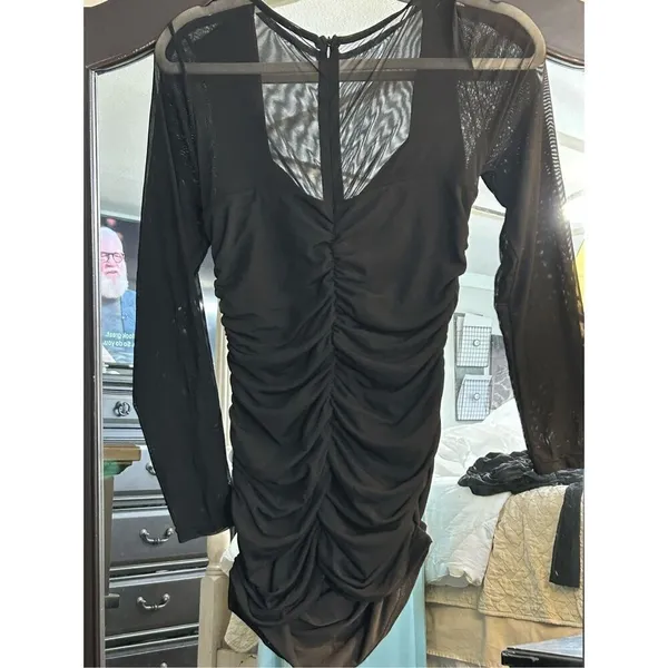 New Black Ruched Bodycon Square Neck Mini Dress M Size M - Image 2