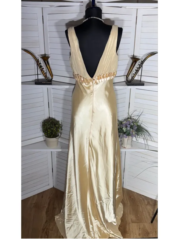 Vintage 90s prom dress golden satin open back mermaid formal homecoming fairy S - Image 2