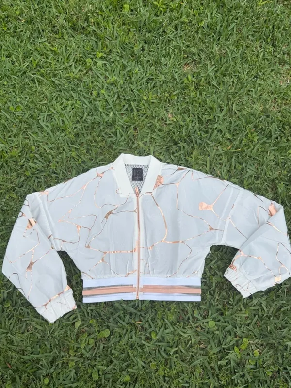 Lime & Vine Gwen Crop Jacket White Alabaster Rose Gold Metallic Bomber Size S - Image 2