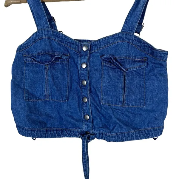 We The Free Denim Solid Camisole Blue Boho Snap Front Crop Top Size XS - Image 3