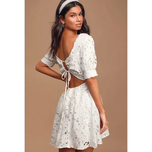 Lulus Lace Cutout Back Puff Sleeve Mini Skater Dress White M Graduation Wedding‎ - Image 12