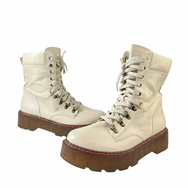 Sam Edelman Circus Sanders Ivory White Leather Round Toe Lace Up Combat Boots 11 - Image 8