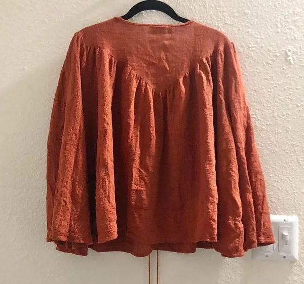 PPLA Boho hippie indie bohemian festival burnt orange bell flounce sleeve v-neck top blouse w/tassels Similar to free people, anthropologie - Image 2