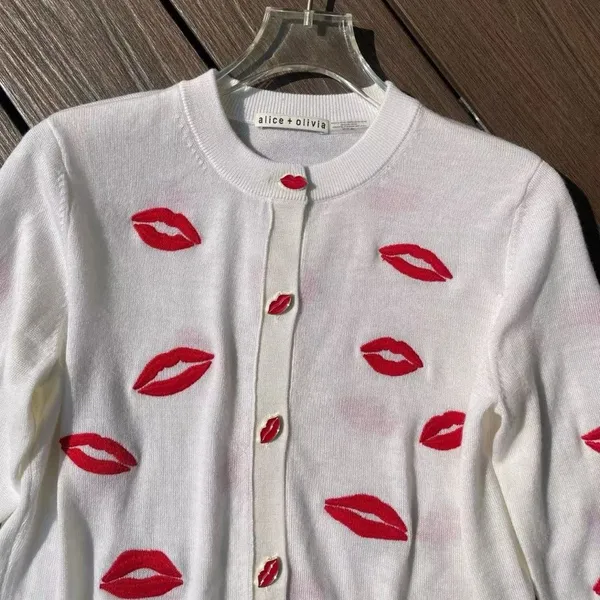 ALICE + OLIVIA Daroda Lip Cardigan Sweater - Soft White Mutli S - Image 5