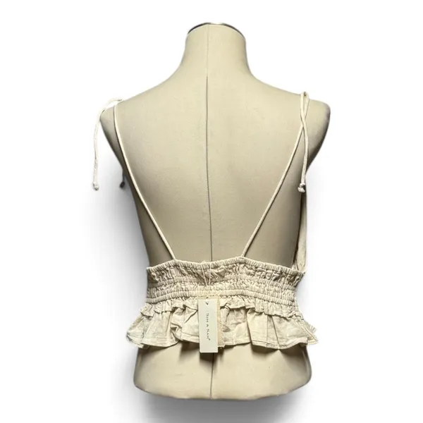 Sim & Sam Cotton Linen Cropped Smocked Top V-Neck Natural Oatmeal Tan Beige XL - Image 5