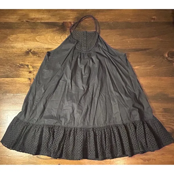 Free People Calico Trapeze Dress Medium Black Eyelet Cotton Mini Ruffle Summer - Image 6
