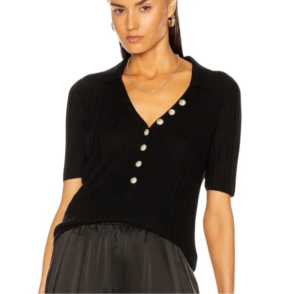 Loulou Studio Socotra Wool Cashmere Black Ribbed Short Sleeve Polo Top MEDIUM - Image 2