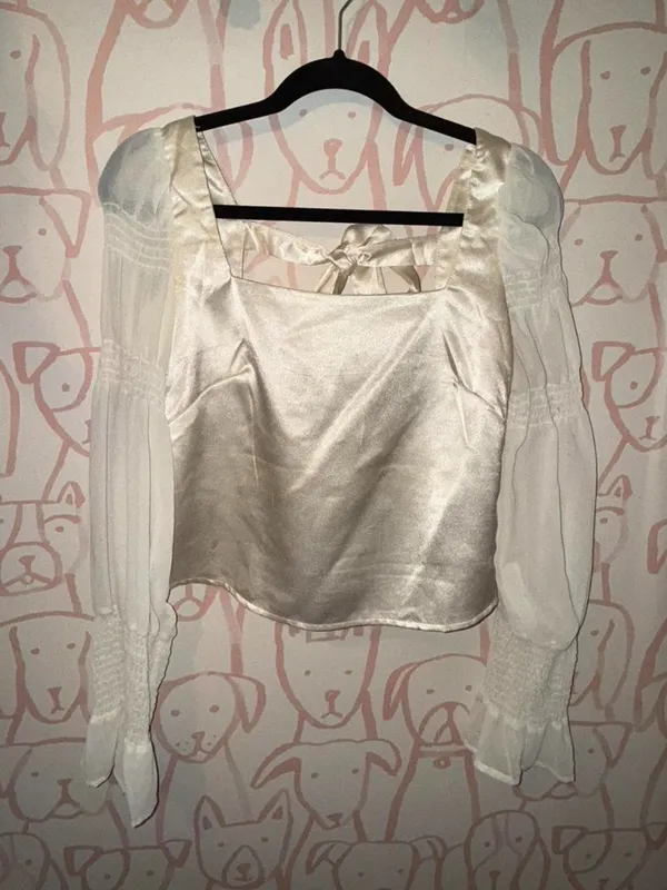 lulus Style Streak Ivory Satin Square Neck Tie-Back Long Sleeve Top - Image 3