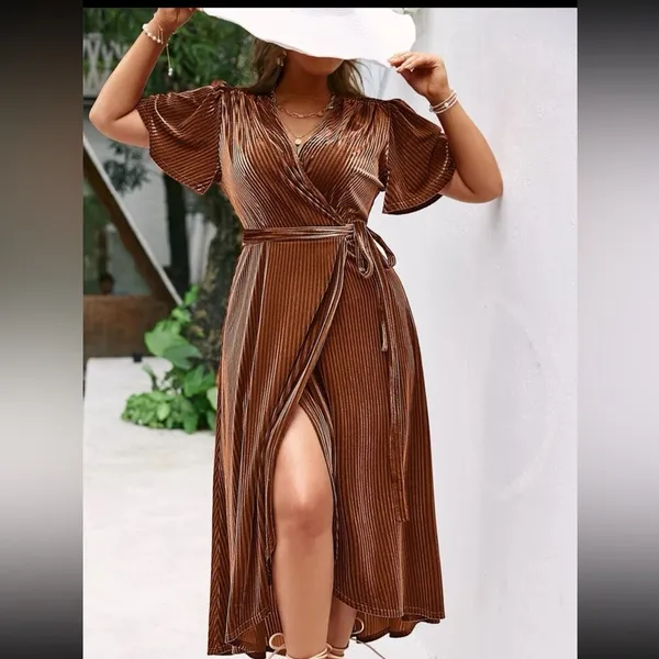 High low tie side wrap velvet‎ dress - Image 2