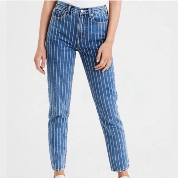American Eagle Women’s Jeans Pinstripe Mom White Stripe 100% Cotton Blue Size‎ 2 - Image 3